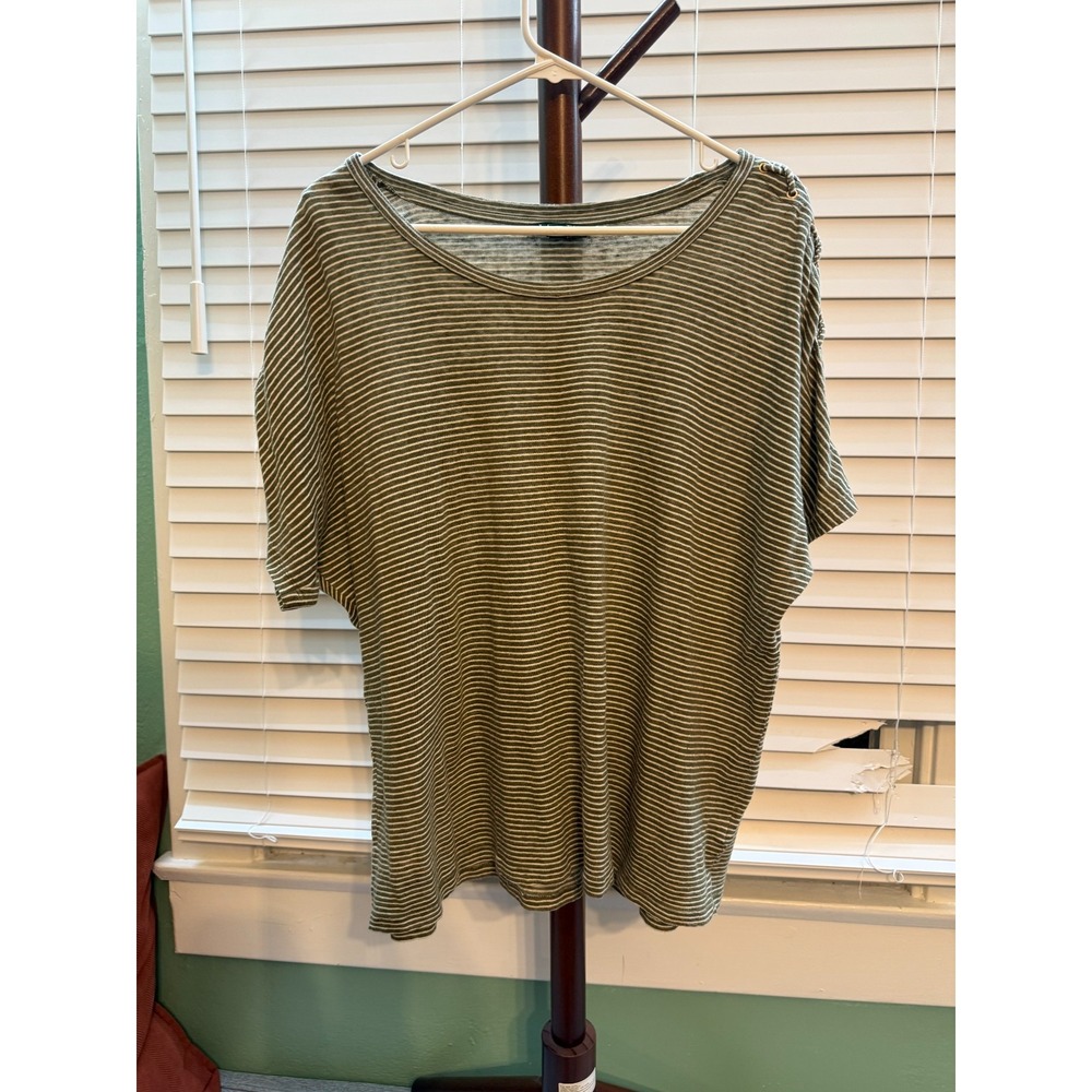 Lauren Ralph Lauren Womens XL Linen Cotton Striped Lace Up Shoulder Top Green